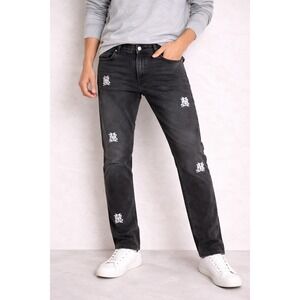 BoohooMAN Mens Embroidered Monogram Straight Leg Jeans Washed Black Size 42